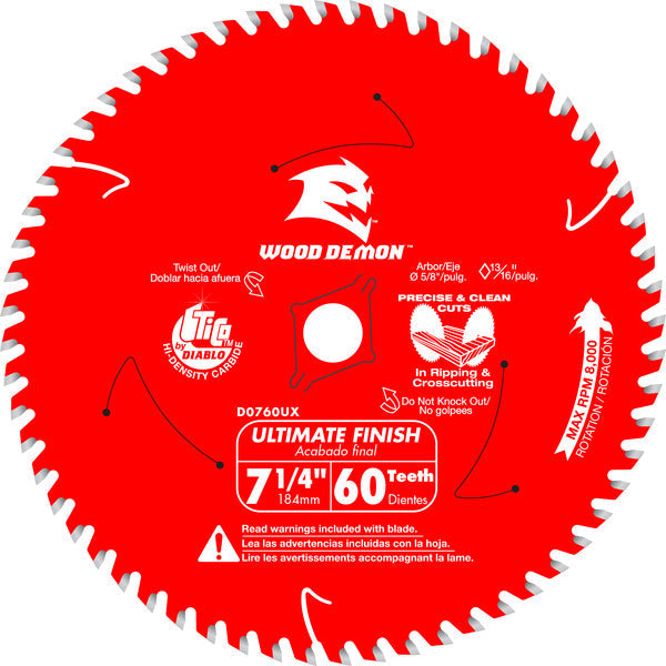 Diablo D0760UXA 7-¼ 60-Teeth Wood Demon™ Ultimate Finish Carbide Saw Blade for Wood