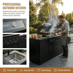 85" 4-Burner 85,000 BTU Black Outdoor Kitchen Island Grill + Storage Cabinets + Sink