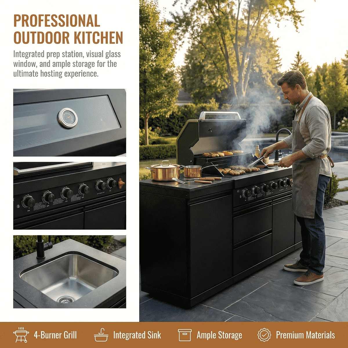 85" 4-Burner 85,000 BTU Black Outdoor Kitchen Island Grill + Storage Cabinets + Sink