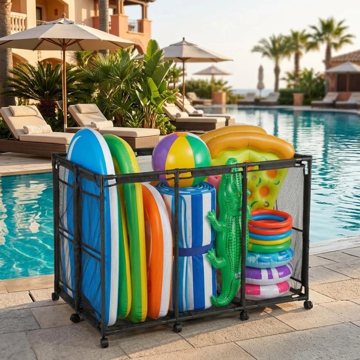 Yescom Pool Toy Storage Bin Mesh Rolling Cart - Steel