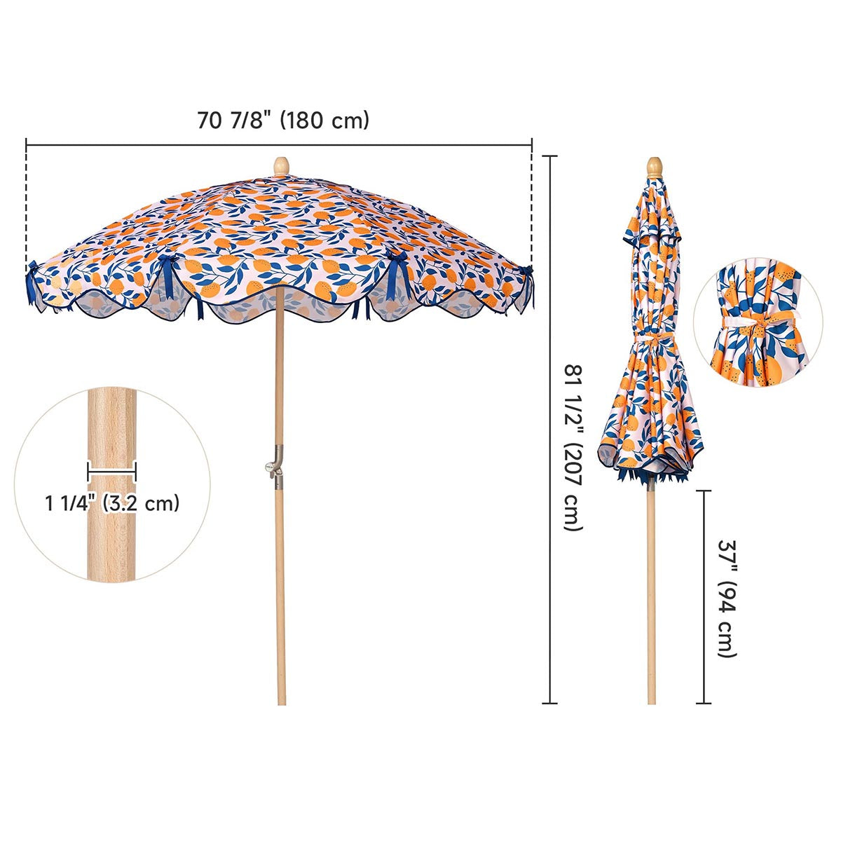 LAGarden 6ft Outdoor Patio Wood Market Umbrella Scalloped Edge 8-Rib