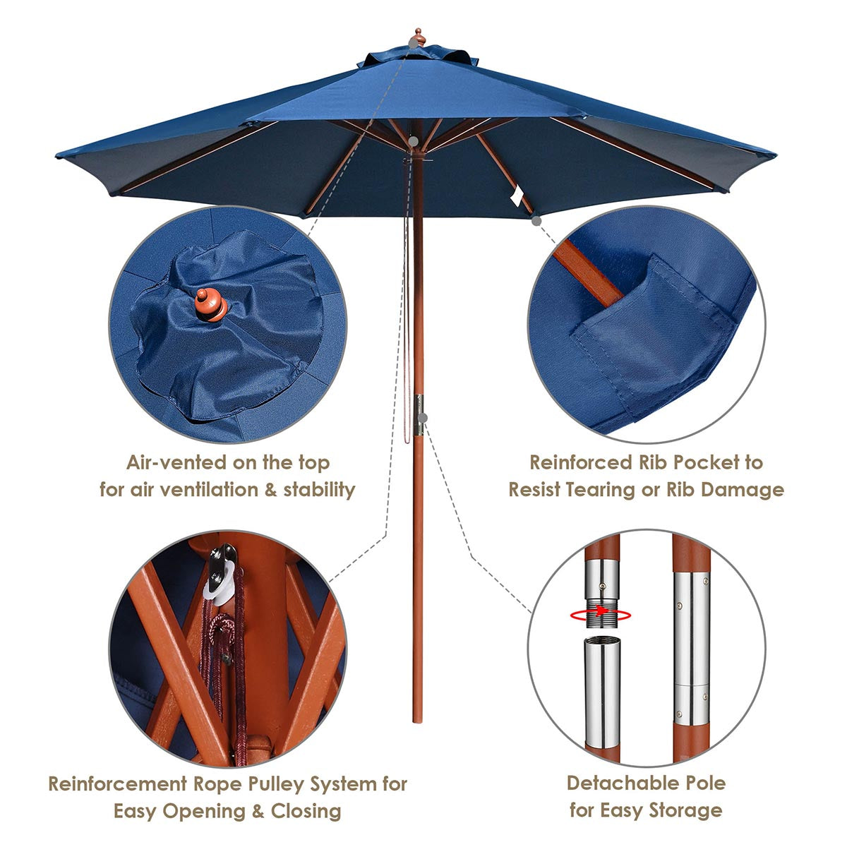 Yescom 9ft Wood Patio Umbrella with Base & Wheels