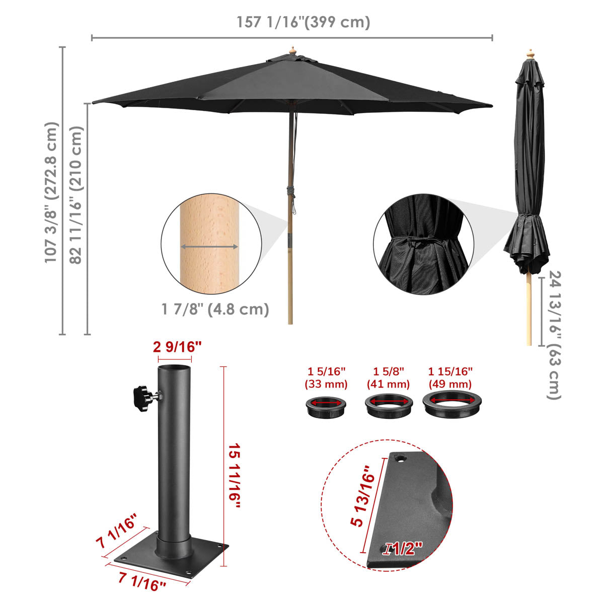 Yescom 13ft Patio Wood Market Umbrella with Deck Mount