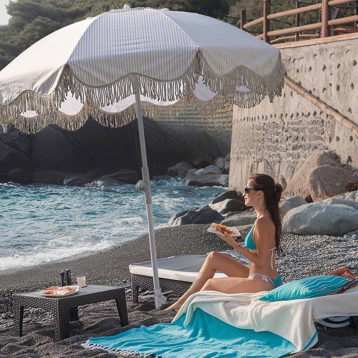 Yescom 6ft Fringe Patio Beach Umbrella with Corkscrew Anchor