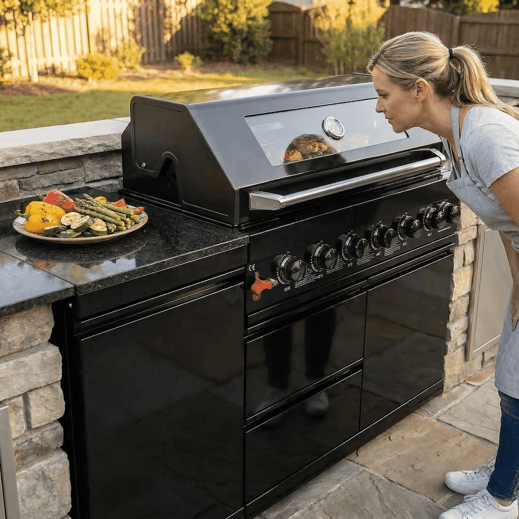 63" 6-Burner 85,000 BTU Black Outdoor Kitchen Island Grill + Marble Countertops