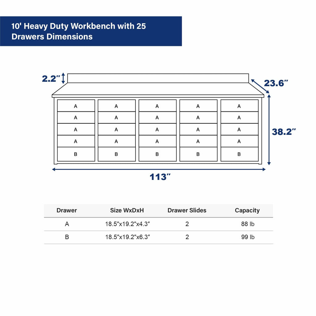 10 ft Heavy Duty Workbench with 25 Drawers