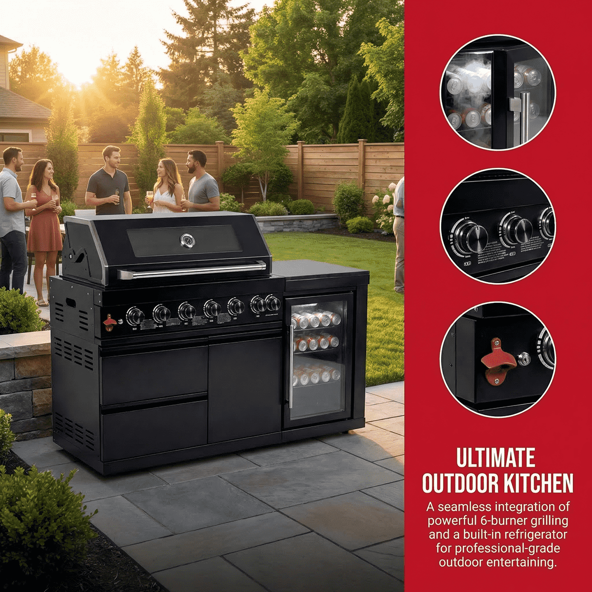 63" 6-Burner Black Outdoor Kitchen Island Grill + Fridge