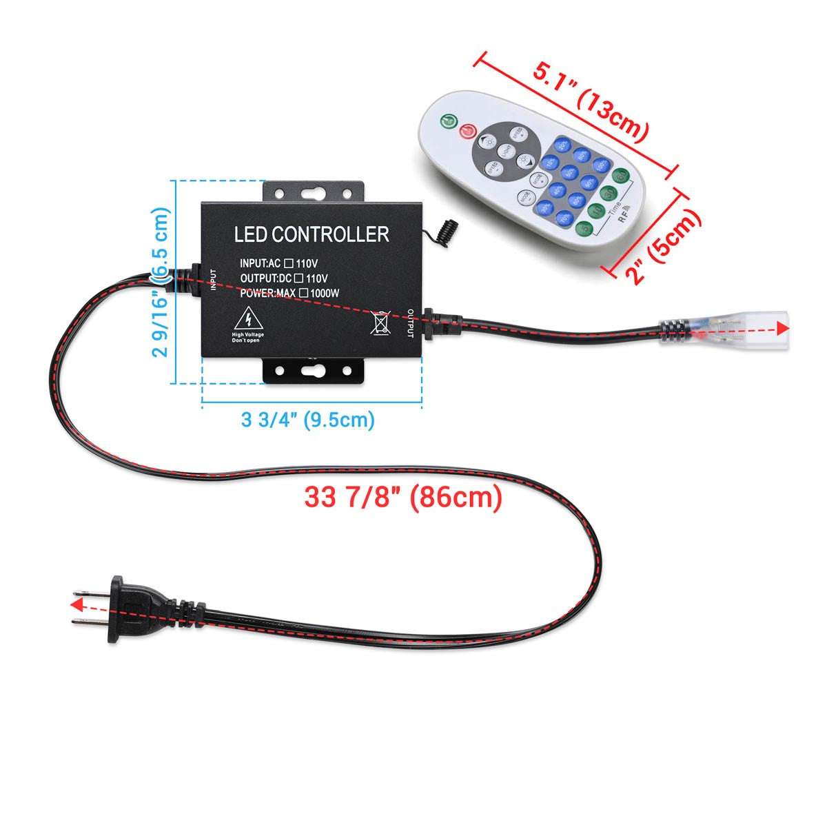 Yescom 110V LED Controller & RF Remote for Neon Rope Light 2700K