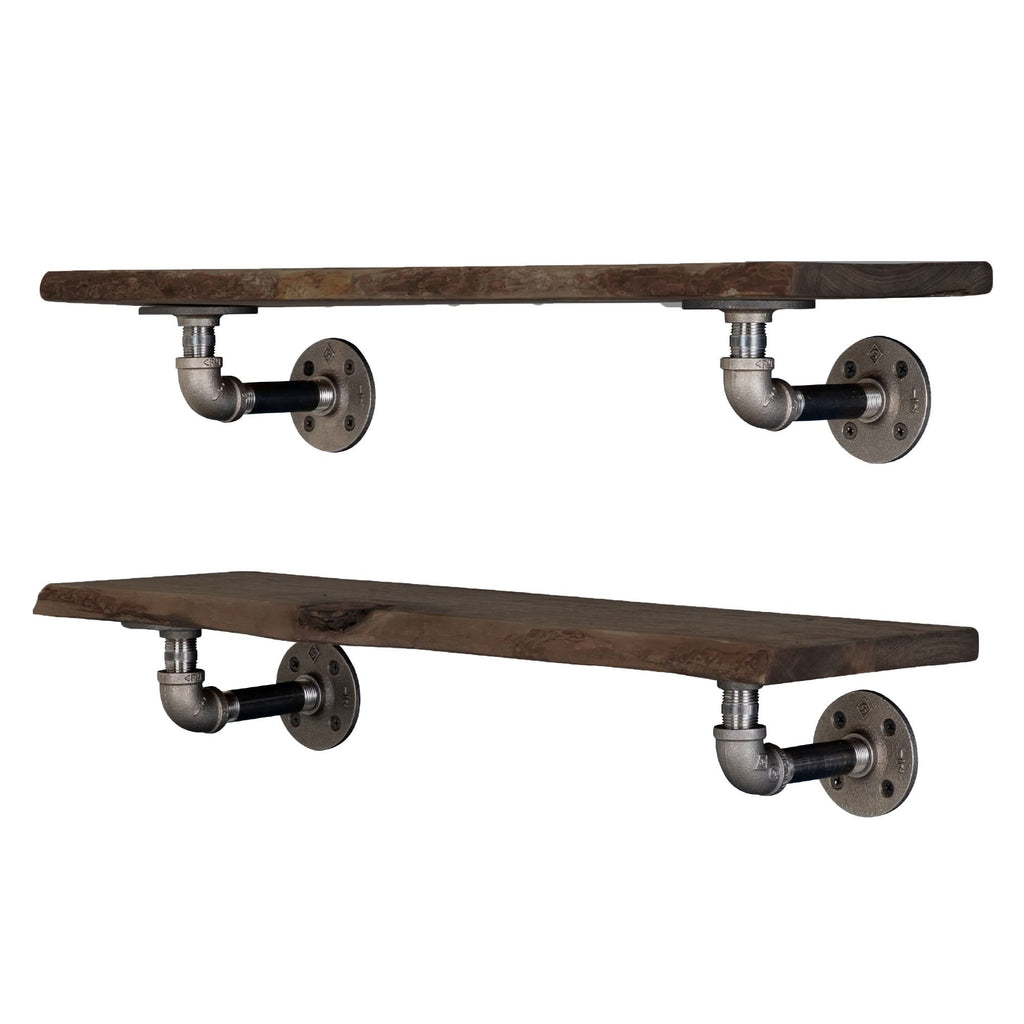 24” Trail Brown Live Edge Wood Shelf with L-Shaped Pipe Brackets (2-Pack)