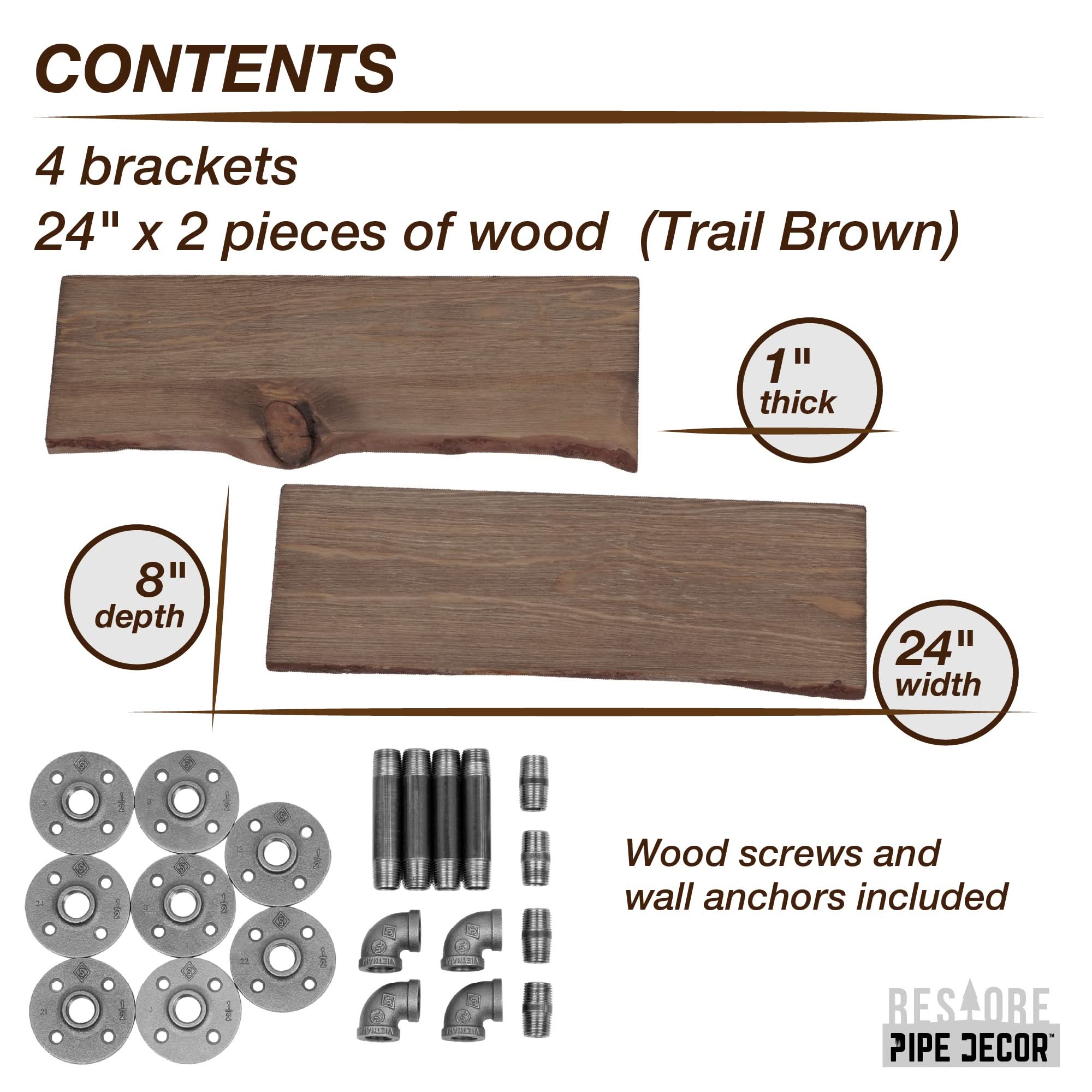 24” Trail Brown Live Edge Wood Shelf with L-Shaped Pipe Brackets (2-Pack)