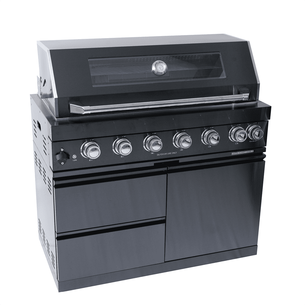 NG 85" 6-Burner 85,000 BTU Black Outdoor Kitchen Island Grill Refrigerator + Rotisserie Kit + Sink
