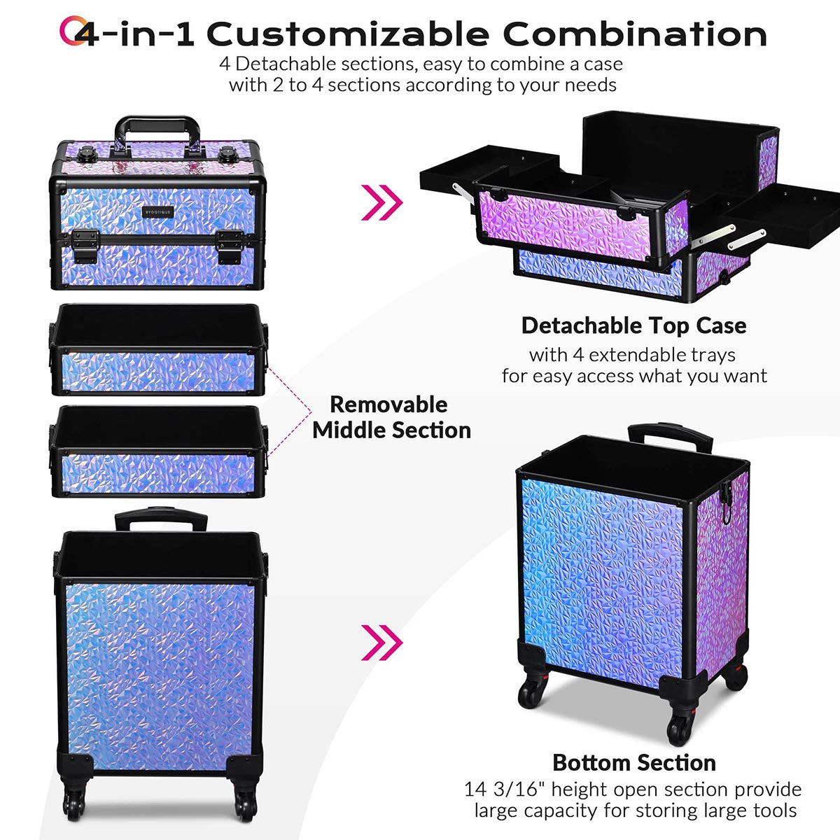 Byootique 4 in 1 Rolling Makeup Case Aluminum Keylock