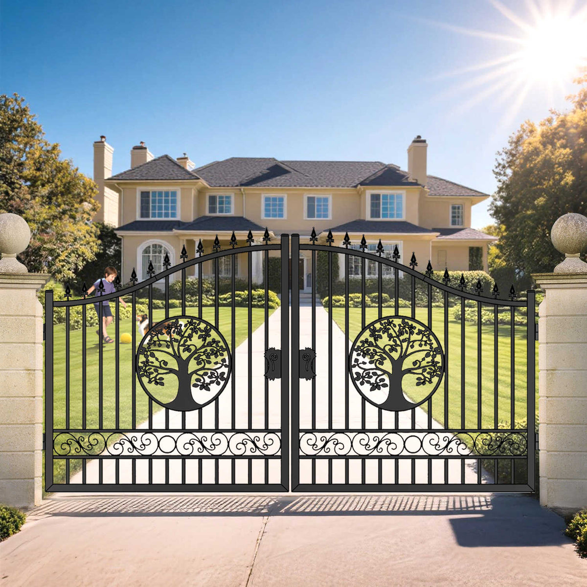 14x8 ft Steel Dual Swing Driveway Gate with Wider Goalposts