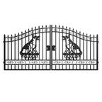 14x7 ft Steel Dual Swing Driveway Gate with Dog Pattern