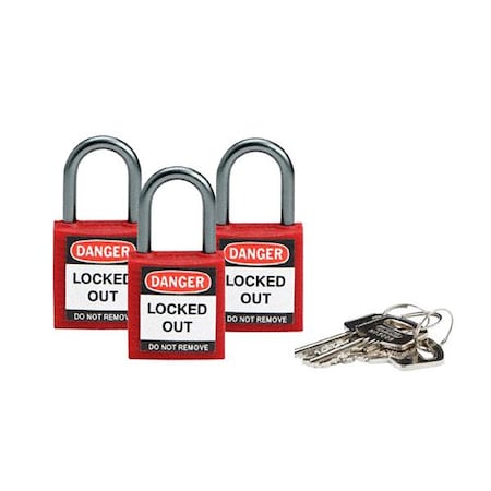 Lockout Padlock, Keyed Alike, Nylon, Red, 1 in Shackle Height, 1 3/16 in Body Width, 1 No. of Keys
