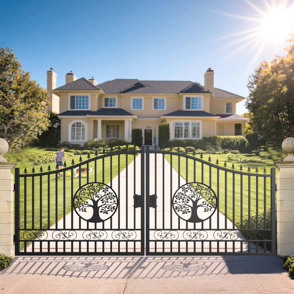 16x8 ft Steel Dual Swing Driveway Gate with Tree Pattern