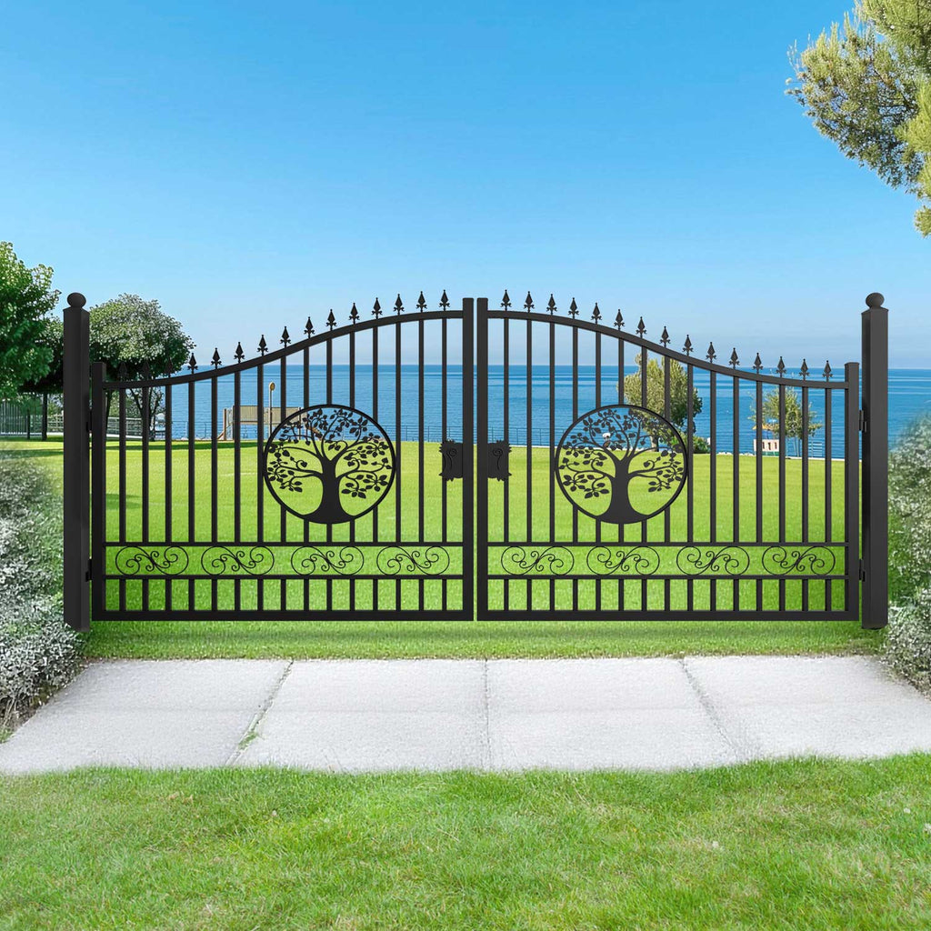 16x8 ft Steel Dual Swing Driveway Gate with Tree Pattern