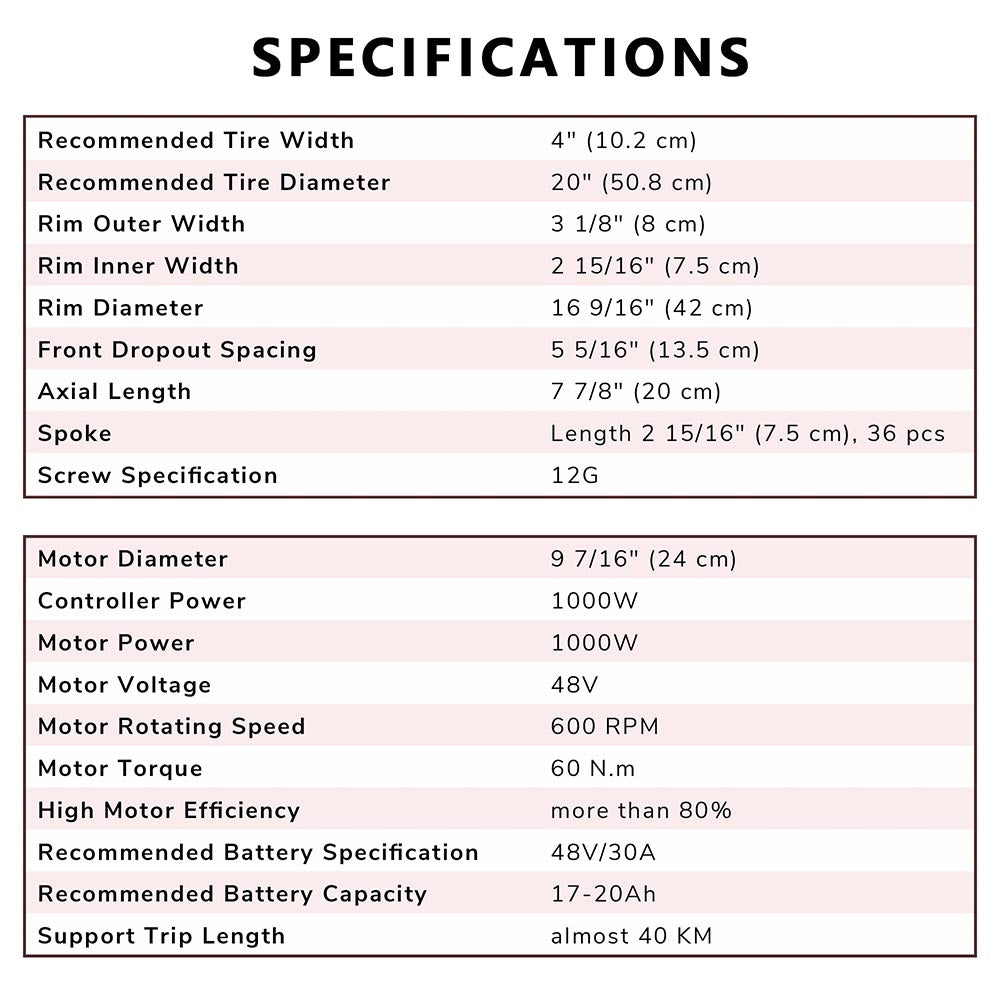 Yescom 20" Front Wheel Electric Bicycle Motor Fat Tire Kit 48v 1000w