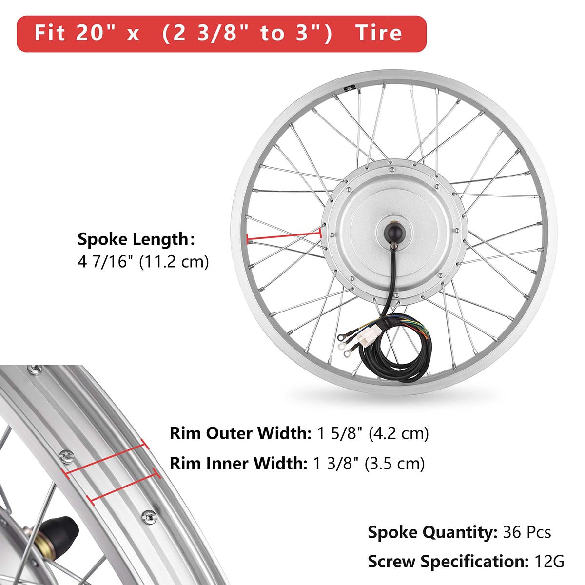 Yescom 20" Electric Bicycle Motor Front Wheel Kit 36v 750w