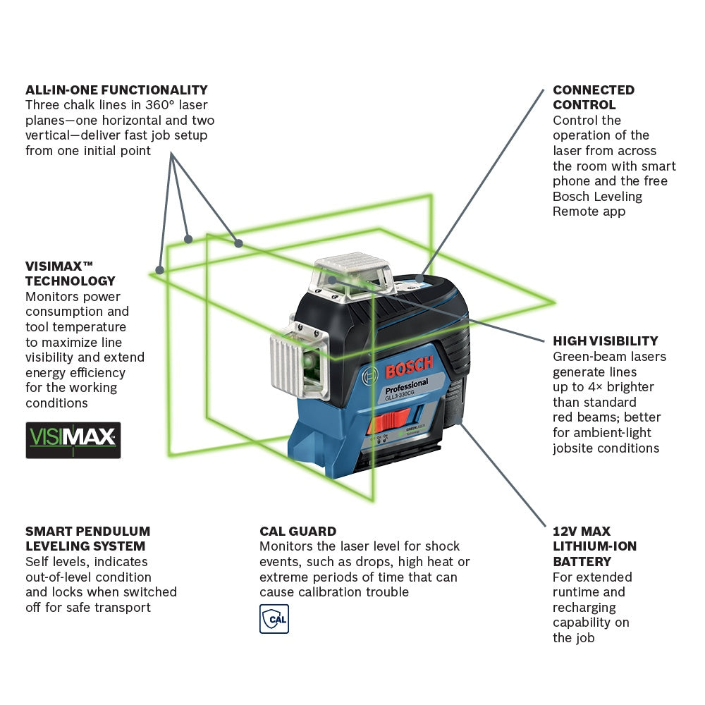 BOSCH GLL3-330CG 12V Max 360? Connected Green-Beam Three-Plane Leveling and Alignment-Line Laser Kit with (1) 2.0 Ah Battery