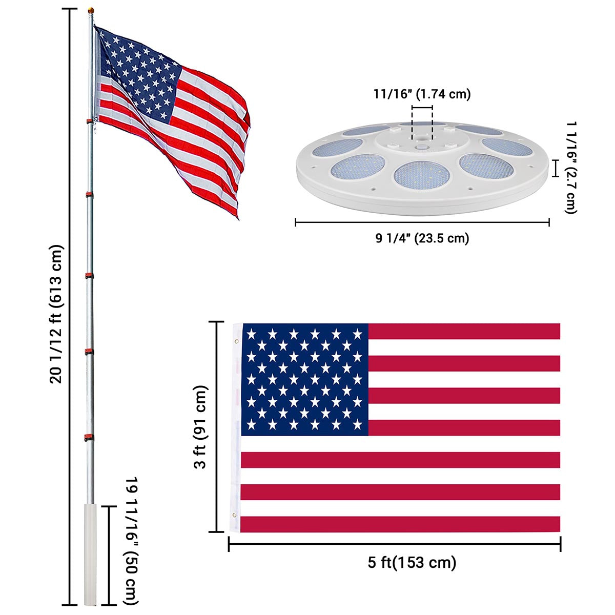 Yescom Telescopic Flag Pole with Light(20ft,25ft,30ft Options)