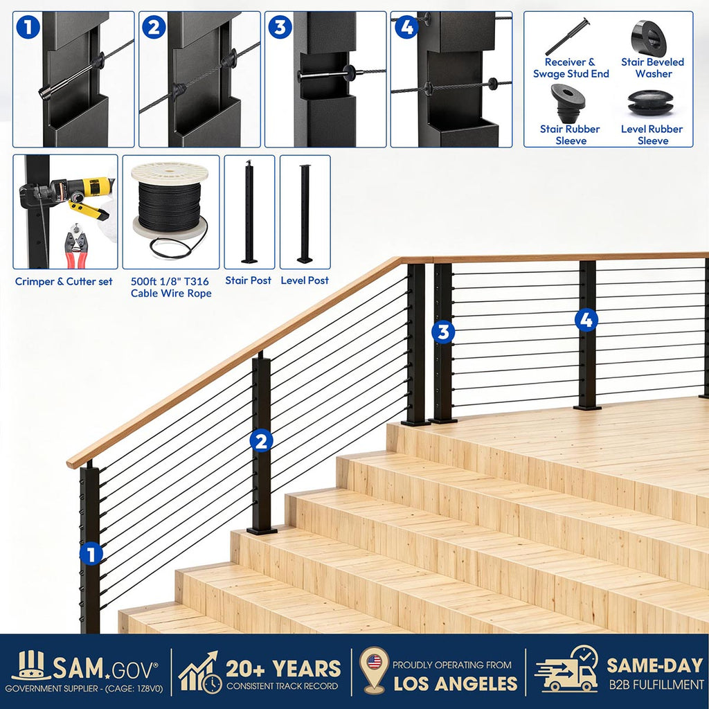 Yescom 36in T304 Stainless Steel Cable Railing Stair Post (2x2, 16G)