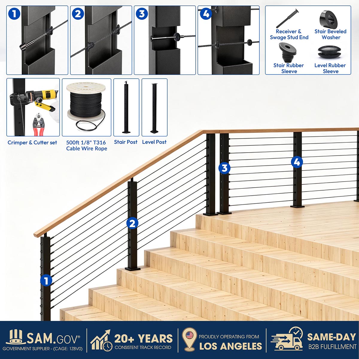 Yescom 36in T304 Stainless Steel Cable Railing Stair Post (2x2, 16G)