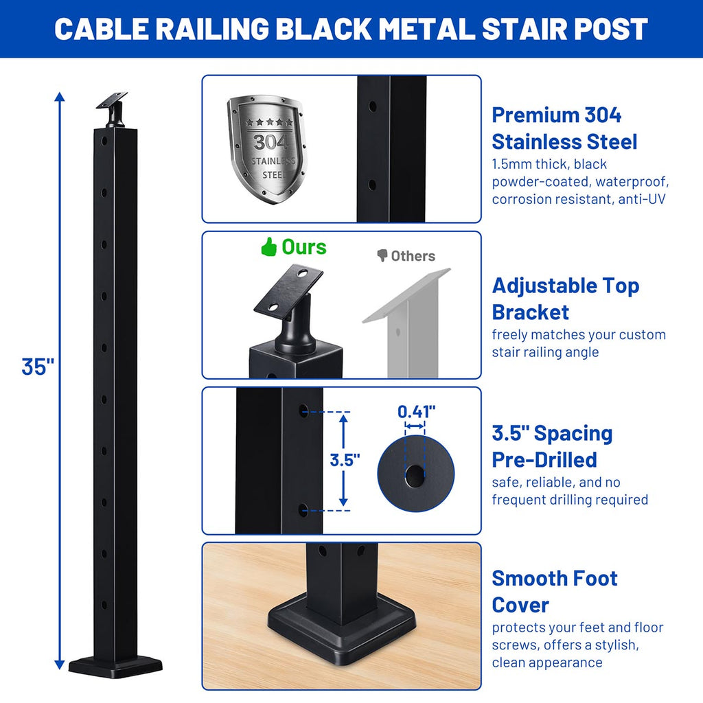 Yescom 36in T304 Stainless Steel Cable Railing Stair Post (2x2, 16G)