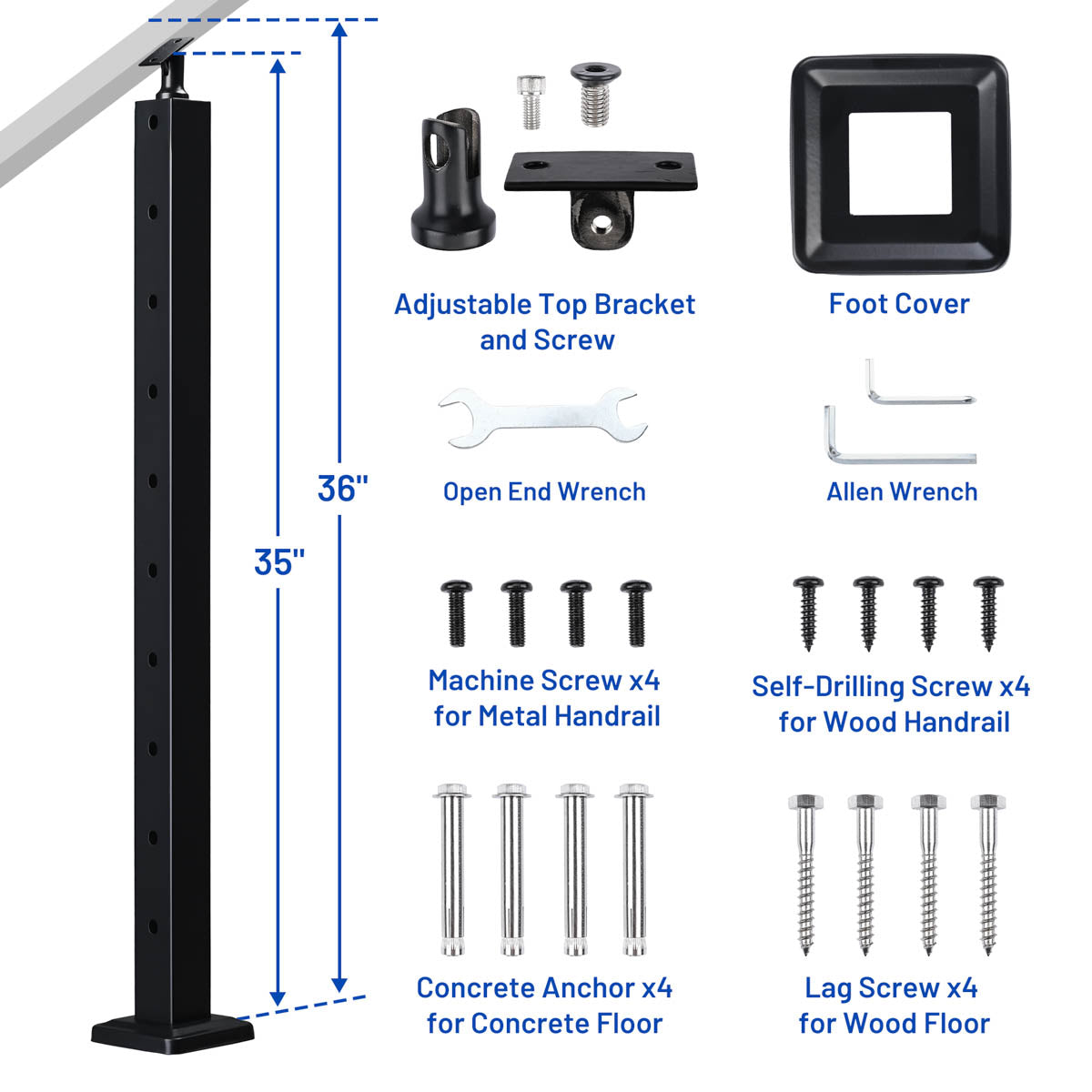 Yescom 36in T304 Stainless Steel Cable Railing Stair Post (2x2, 16G)
