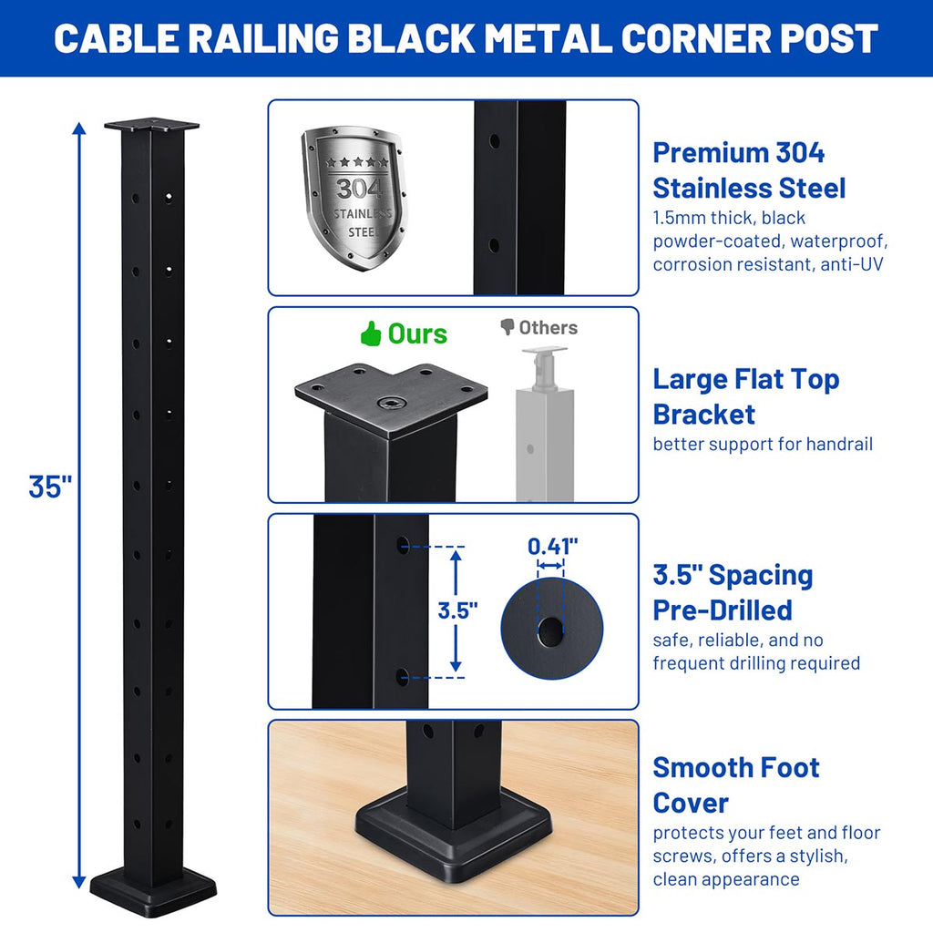 Yescom 36in T304 Stainless Steel Cable Railing Corner Post (2x2, 16G)