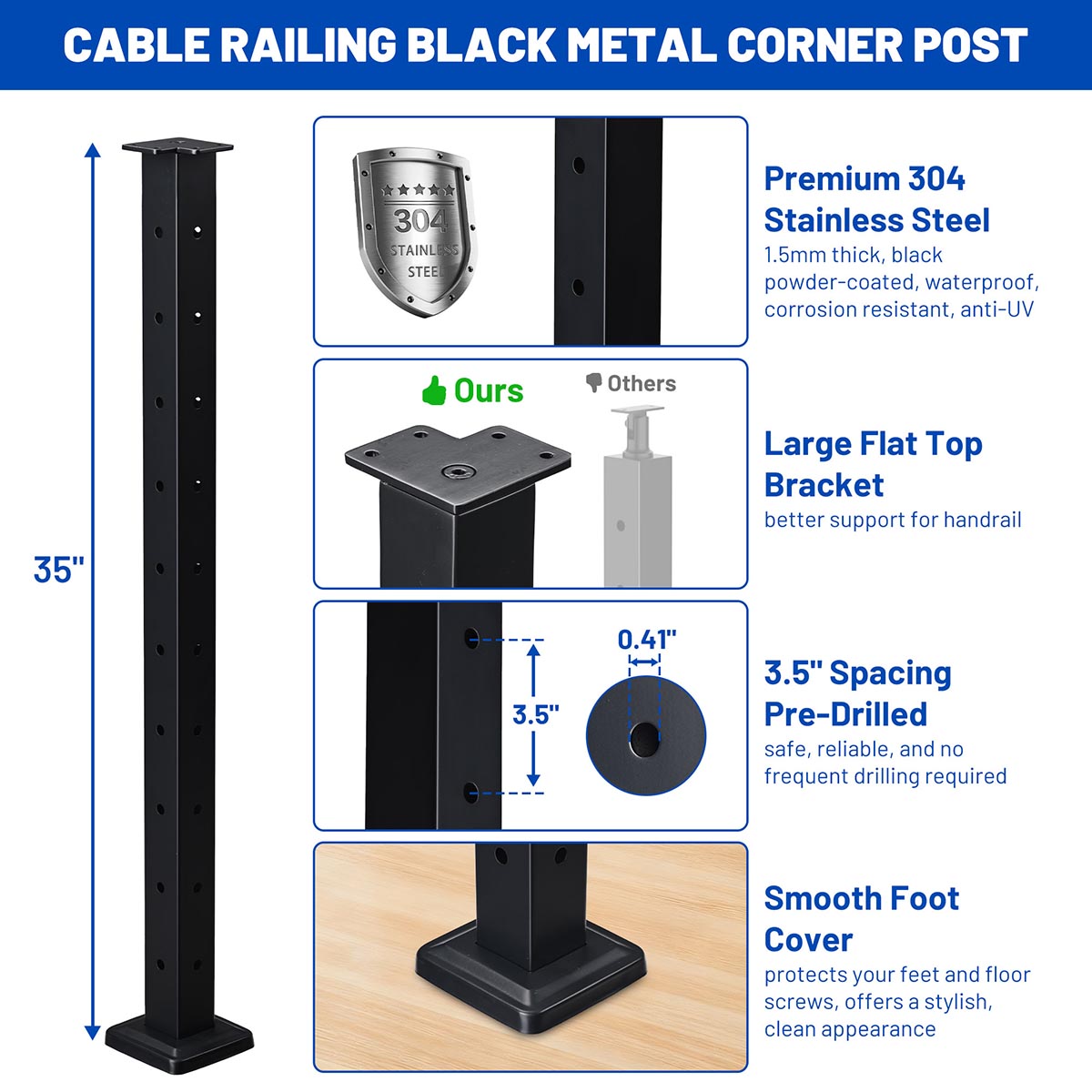 Yescom 36in T304 Stainless Steel Cable Railing Corner Post (2x2, 16G)