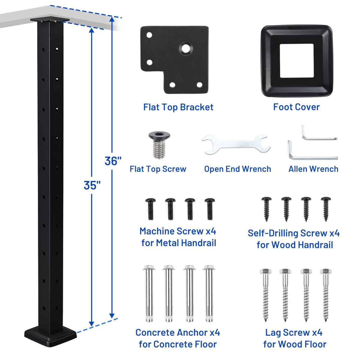 Yescom 36in T304 Stainless Steel Cable Railing Corner Post (2x2, 16G)