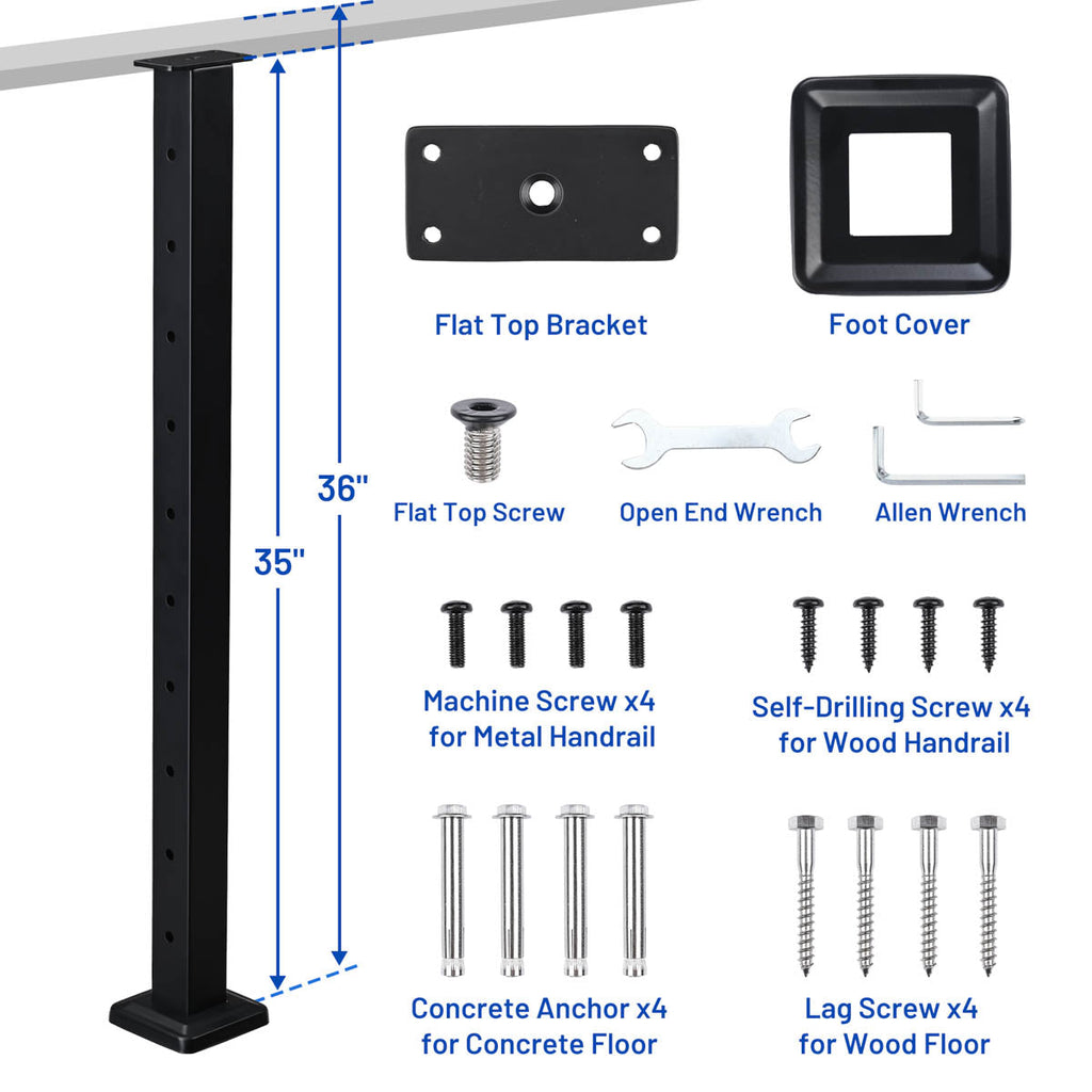 Yescom 36in T304 Stainless Steel Cable Railing Level Post (2x2, 16G)
