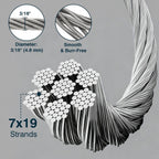 Yescom 4.8mm Wire Rope Type 316 Stainless Steel, 7x19, 3/16"x500'
