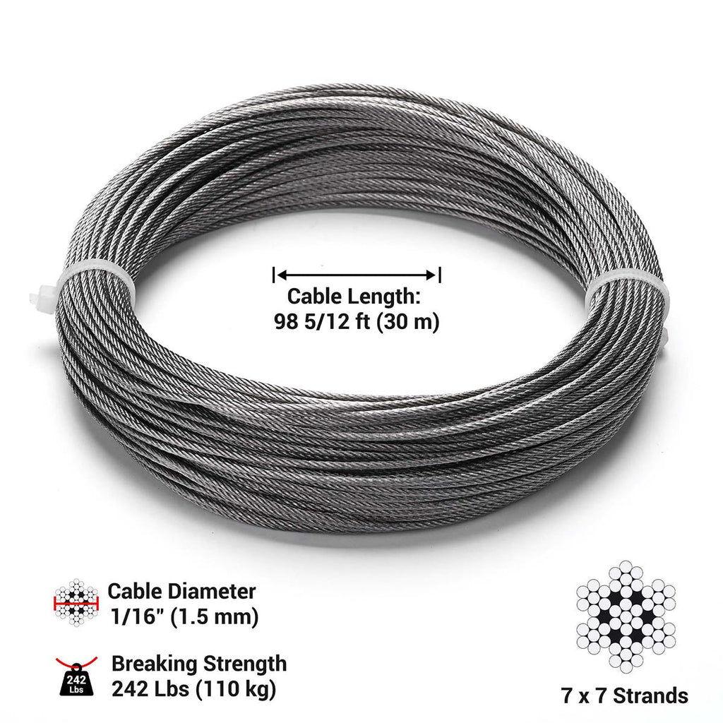 Yescom 1.5mm Wire Rope Type 304 Stainless Steel, 7x7, 1/16"x100'