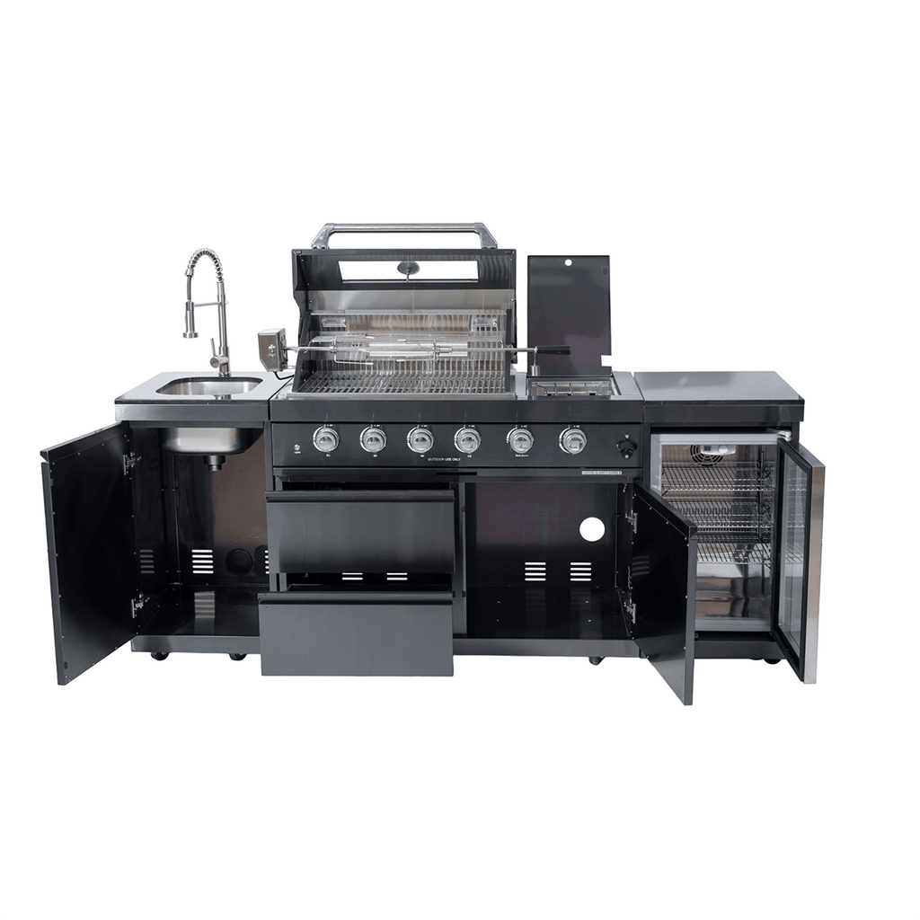 NG 85" 4-Burner 72,000 BTU Black Outdoor Kitchen Island Grill + Refrigerator + Sink