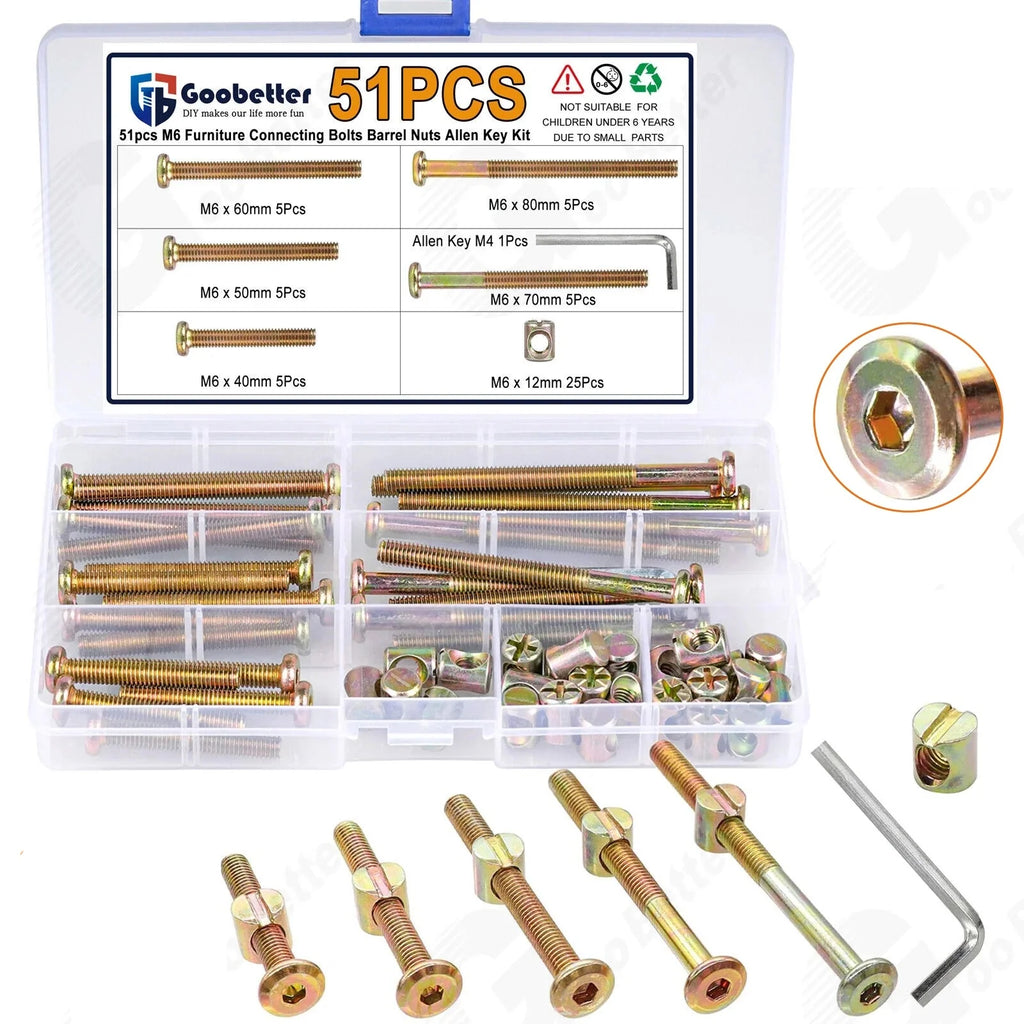 51Pcs M6 Beds Cot Flat Socket Furniture Bolts Screw, Barrel Nuts & Allen Key Kit