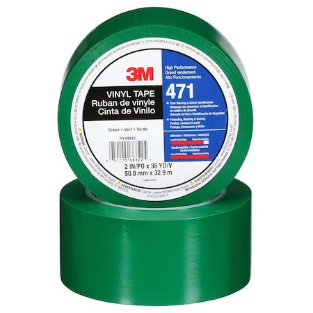 Floor Marking Tape, vinyl, Solid, Green, 2 in W., 5.2 mil Thickness
