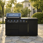65" 4-Burner 72,000 BTU Black Outdoor Kitchen Island Grill +Side Burner + Marble Countertops