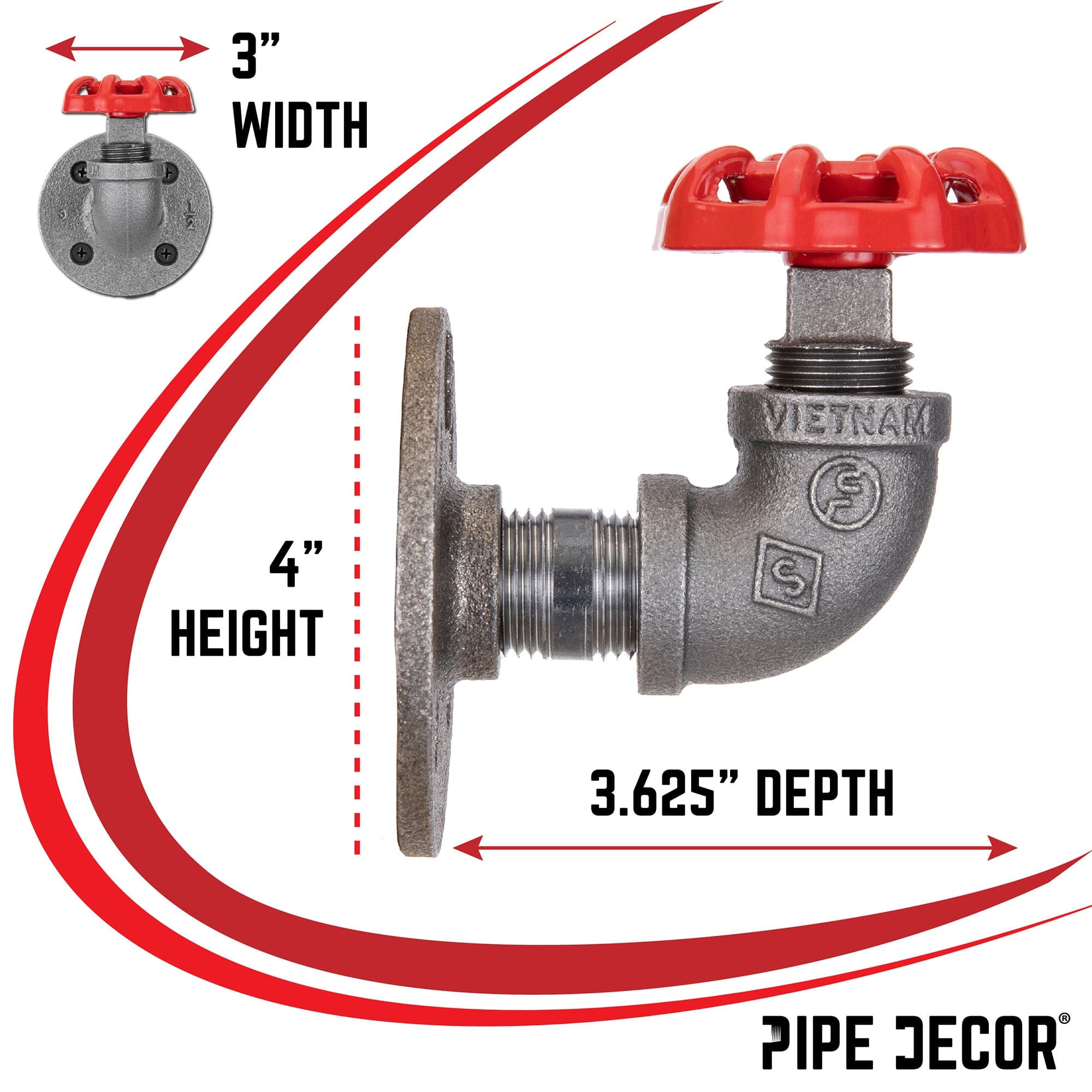 Red Industrial Curved Spigot Wall Hook with Flange (2-Pack)