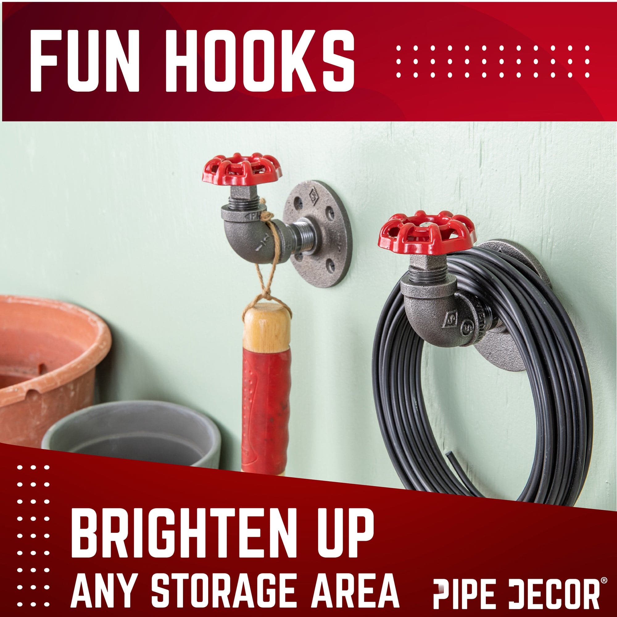 Red Industrial Curved Spigot Wall Hook with Flange (2-Pack)