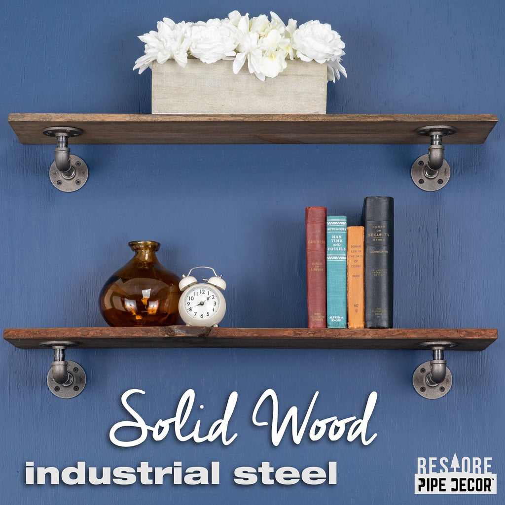 36” Boulder Black Live Edge Wood Shelf with L-Shaped Pipe Brackets (2-Pack)