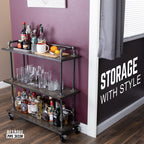 Three-tier Wood Shelf Industrial Bar Cart with Locking Wheels, Trail Brown