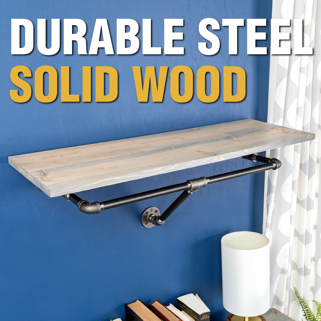 36 in. Wall Mounted Clothing Rack with Wood Shelf, Riverstone Grey