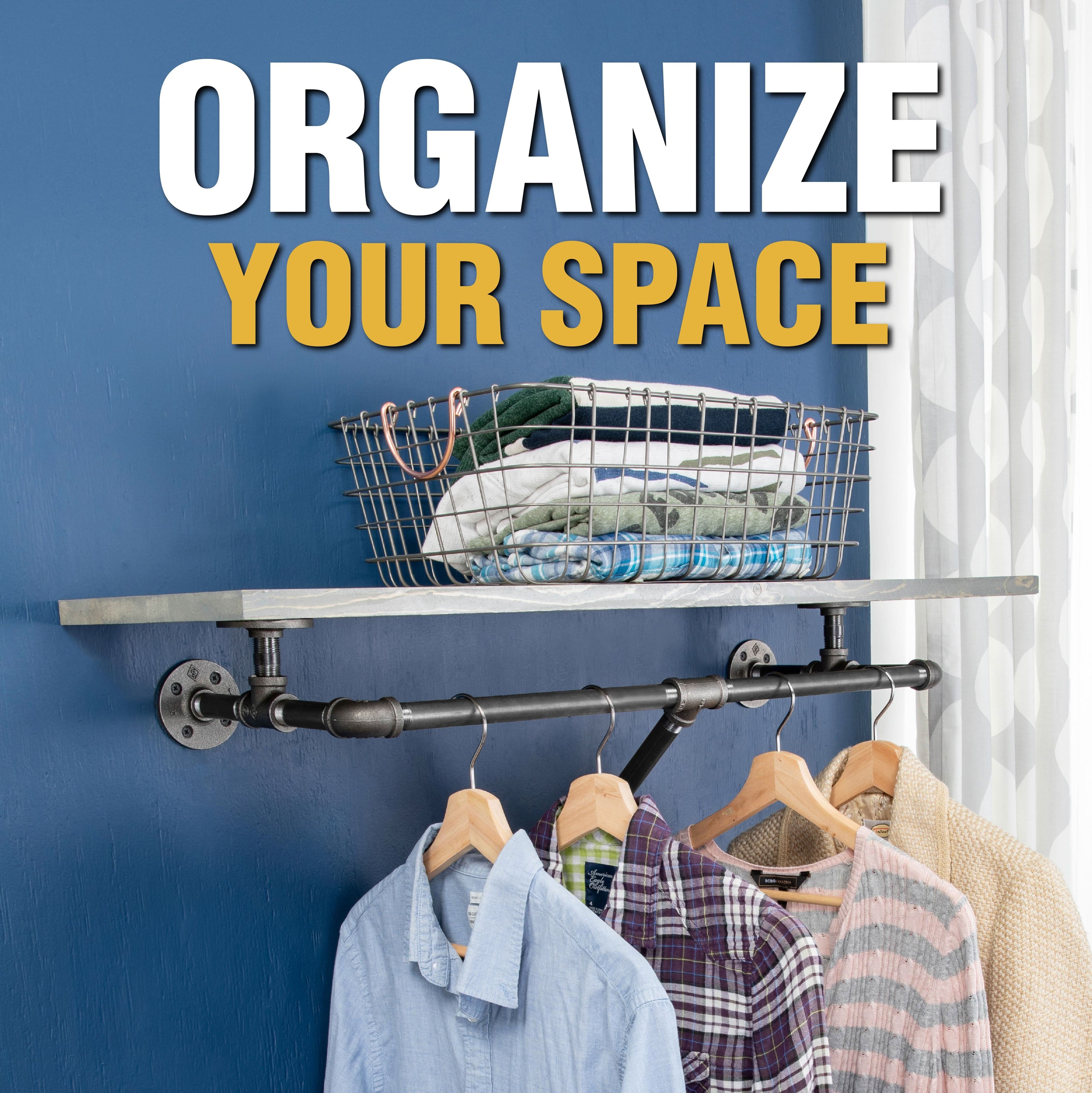 36 in. Wall Mounted Clothing Rack with Wood Shelf, Riverstone Grey