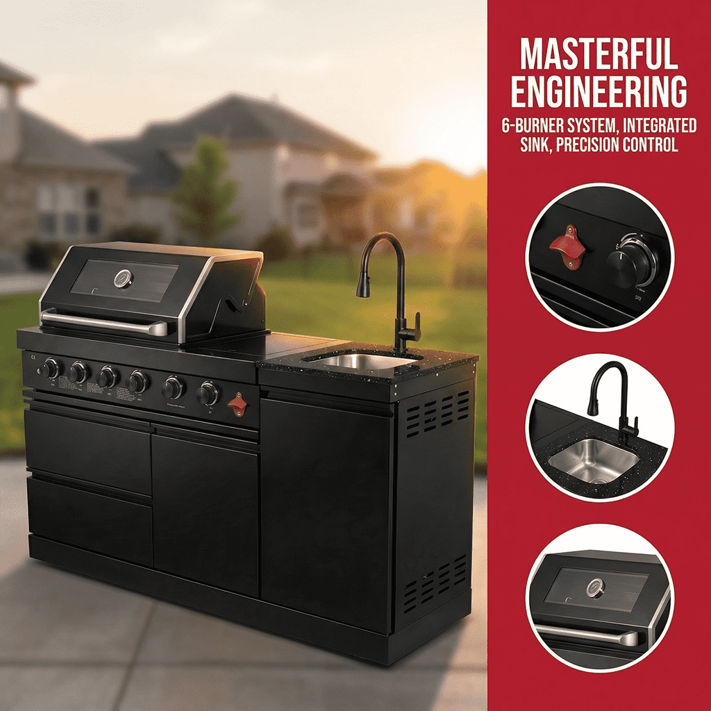 65" 4-Burner 72,000 BTU Black Outdoor Kitchen Island Grill + Round Side Burner