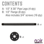 1 in. x 30 in.  Noir Black Round Flange Pipe Table Legs - 4 Pack