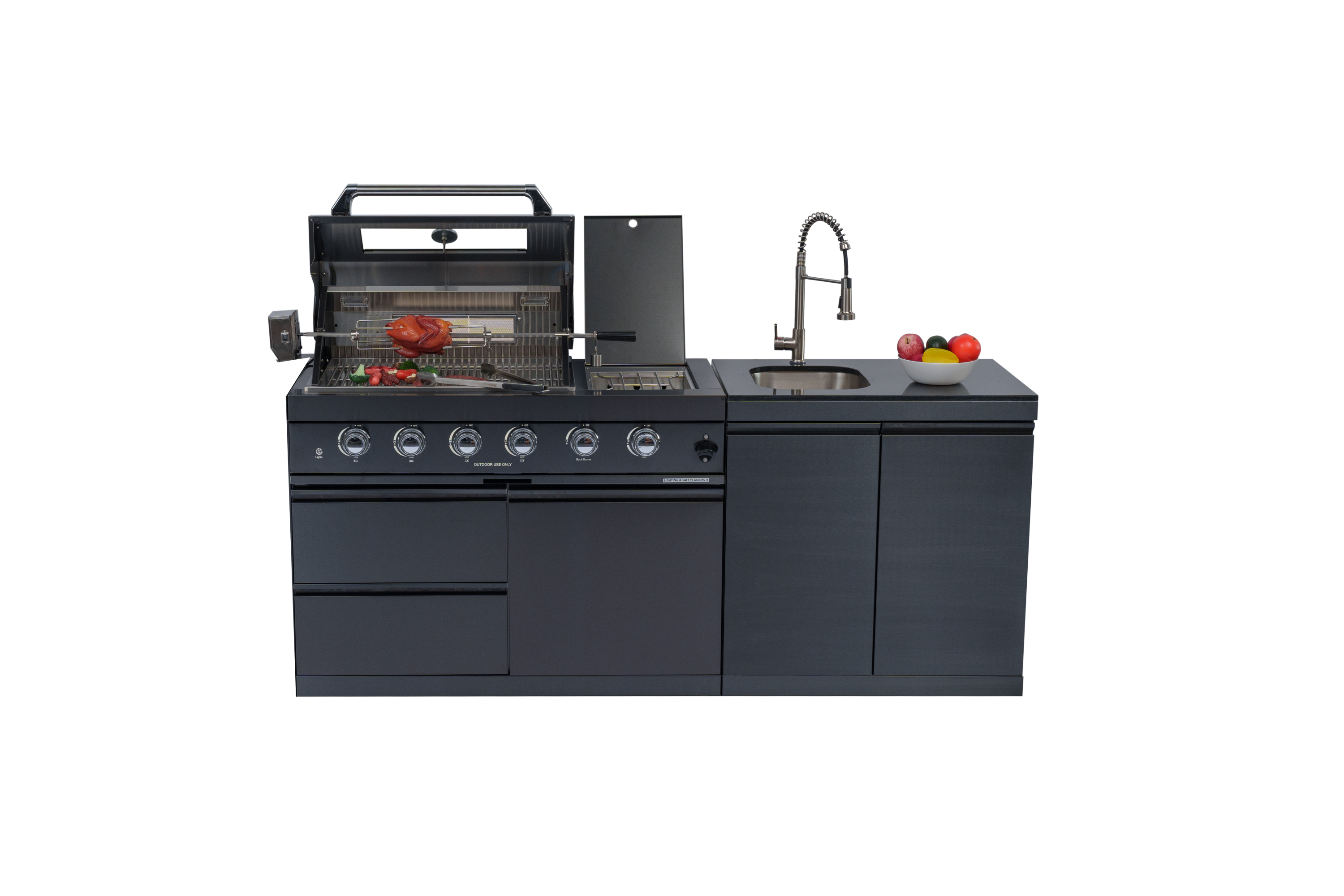 79" 4-Burner 72,000 BTU Black Outdoor Kitchen Island Grill + Side Burner + Rotisserie kit +Sink