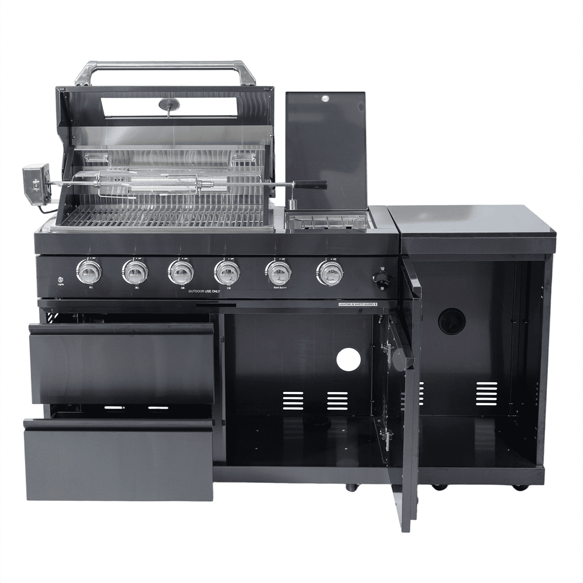 65" 4-Burner 72,000 BTU Black Outdoor Kitchen Island Grill + Side Burner + Rotisserie kit