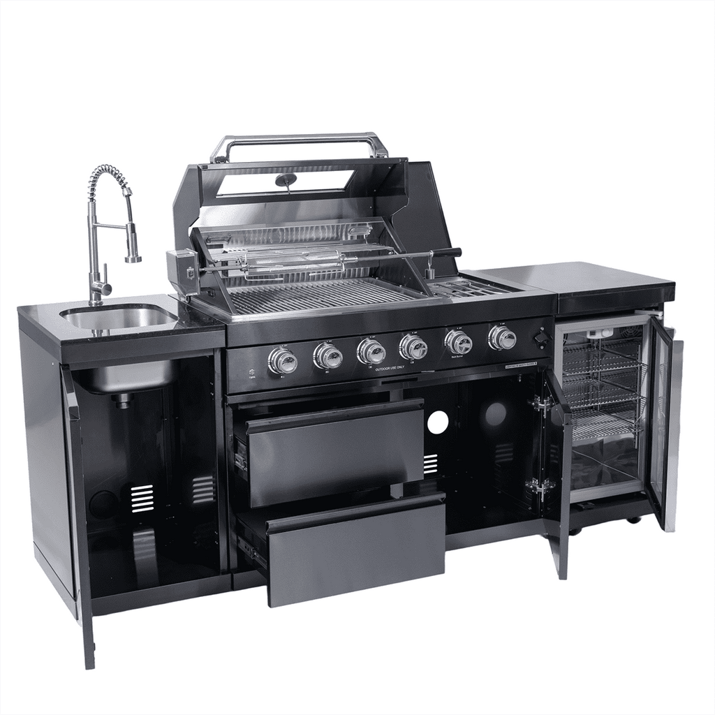 NG 85" 4-Burner 72,000 BTU Black Outdoor Kitchen Island Grill + Refrigerator + Sink